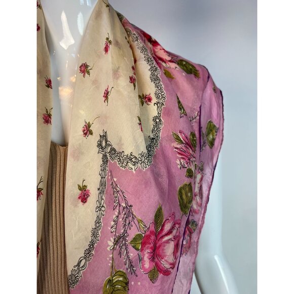 Vintage 60s Floral Handkerchief Scarf Pink & White Delicate Print - Picture 7 of 16